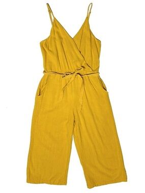 Veronica M Linen Rayon Mustard Yellow Jumpsuit Faux Wrap Top Resort Beach Large